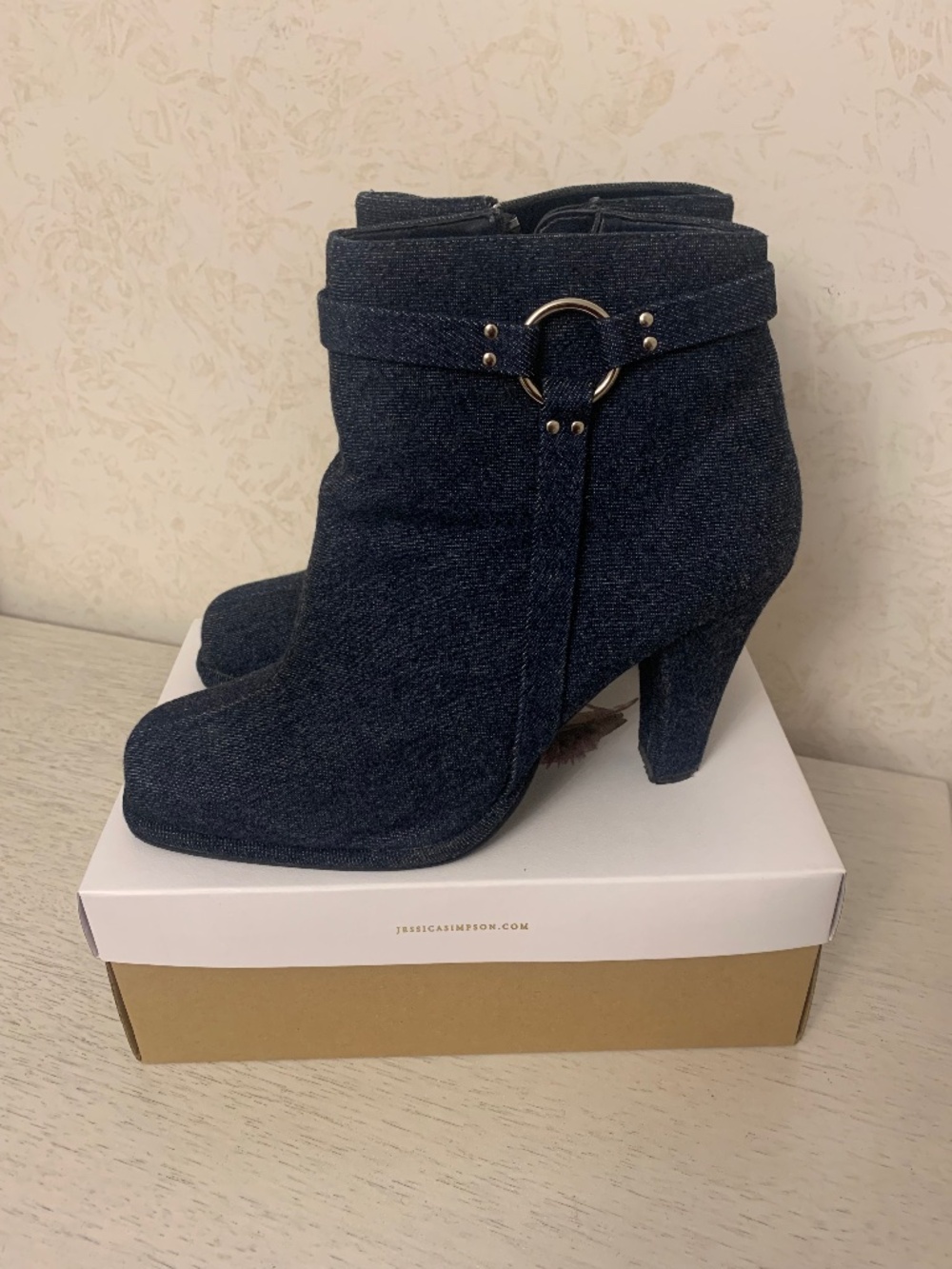 B.F.Y. Boots For You Blue Denim Ankle Boots Heels, Size 12